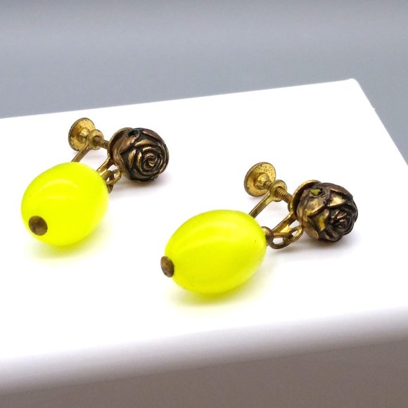 Bright Yellow Moonglow Drop Earrings, Gold Tone Screw Back with Brassy Rose Bead - Picture 2 of 4